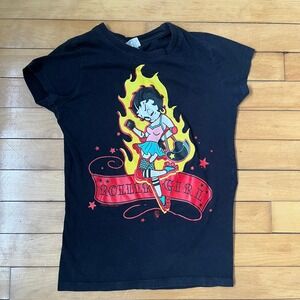 Changes Betty Boop Roller Girl Graphic T-Shirt Black Flames Y2K Vintage